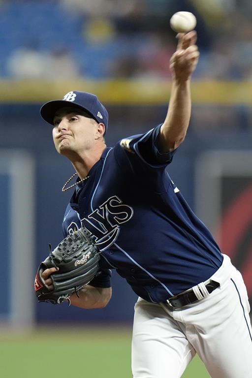 Tampa Bay Rays' Shane McClanahan pitches to the Kansas City Royals during the first inning of a baseball game Thursday, June 22, 2023, in St. Petersburg, Fla. (AP Photo/Chris O'Meara)