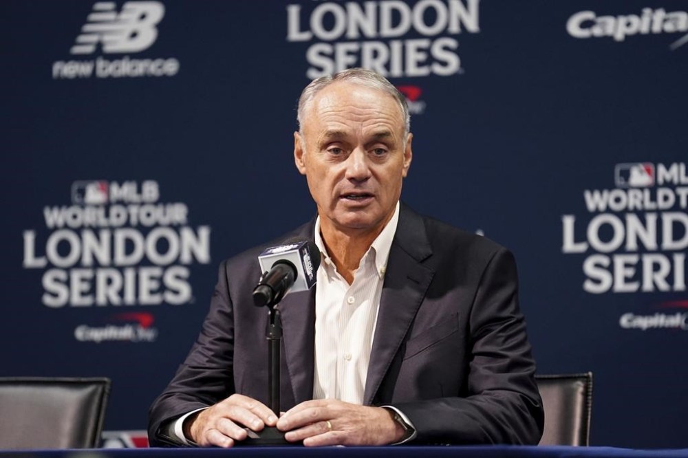 MLB Commissioner, Robert Manfred, speaks during a press conference during a workout day ahead of the MLB London Series Match between the St. Louis Cardinals and Chicago Cubs at the London Stadium, London, Friday June 23, 2023. (Zac Goodwin/PA via AP)