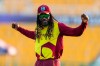 West Indies' Chris Gayle gestures during the Cricket Twenty20 World Cup match between Australia and the West Indies in Abu Dhabi, UAE, Saturday, Nov. 6, 2021. Gayle, a world renowned cricketer, will be throwing out the opening pitch at Rogers Centre on Saturday as the Toronto Blue Jays host the Oakland Athletics. THE CANADIAN PRESS/AP-Kamran Jebreili