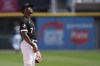 Chicago White Sox shortstop Tim Anderson looks skyward after his fielding error in the ninth inning of a baseball game against the Miami Marlins, Saturday, June 10, 2023, in Chicago. The Marlins won 5-1. (AP Photo/Charles Rex Arbogast)
