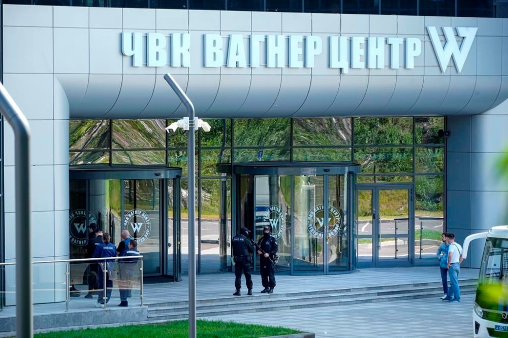 Policemen guard an area near an office of the 'PMC Wagner Centre', which is associated with the owner of the Wagner private military contractor, Yevgeny Prigozhin, in St. Petersburg, Russia, Saturday, June 24, 2023. Russian President Vladimir Putin vowed Saturday to defend Russia against an armed rebellion by Prigozhin, who led his troops out of Ukraine and into a key city south of Moscow. (AP Photo)