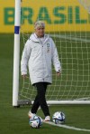 Brazil's head coach Pia Sundhage leads her players in a practice session at the Granja Comary training center ahead of the FIFA Women's World Cup tournament in Teresopolis, Brazil, Friday, June 23, 2023. (AP Photo/Silvia Izquierdo)
