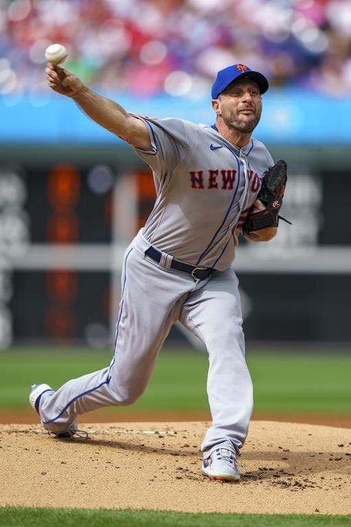New York Mets starting pitcher Max Scherzer delivers during the first inning of a baseball game against the Philadelphia Phillies, Saturday, June 24, 2023, in Philadelphia. (AP Photo/Chris Szagola)