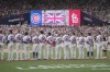Chicago Cubs players line up during the playing the U.S. and Britain national anthems before a baseball game against the St. Louis Cardinals, Saturday, June 24, 2023, in London. (AP Photo/Kin Cheung)