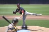 Washington Nationals starting pitcher MacKenzie Gore (1) delivers to San Diego Padres' Jake Cronenworth (9) during the first inning of a baseball game Sunday, June 25, 2023, in San Diego. (AP Photo/Denis Poroy)