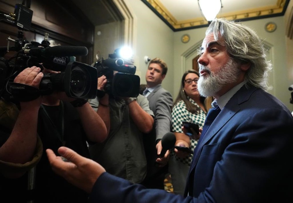 Heritage Minister Pablo Rodriguez speaks to media as he leaves a caucus meeting on Parliament Hill, in Ottawa, Wednesday, June 14, 2023. Rodriguez says he's hopeful that the Liberal government can find a positive outcome with Google and Meta. THE CANADIAN PRESS/Sean Kilpatrick