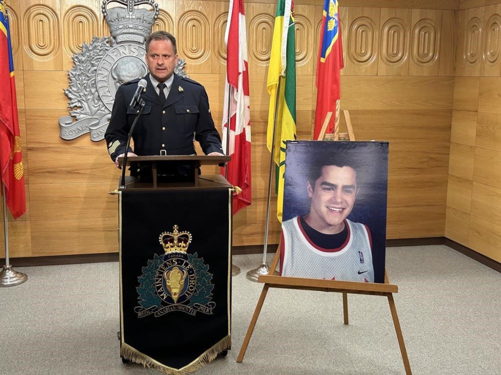 Sgt. Major Darryl Milo speaks during a news conference in Regina, Tuesday, June 27, 2023, regarding the killing of Misha Pavelick more than 17 years ago. RCMP have charged a person with second-degree murder. THE CANADIAN PRESS/Jeremy Simes