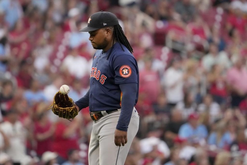 Houston Astros starting pitcher Framber Valdez pauses after giving up a solo home run to St. Louis Cardinals' Paul DeJong during the third inning of a baseball game Tuesday, June 27, 2023, in St. Louis. (AP Photo/Jeff Roberson)