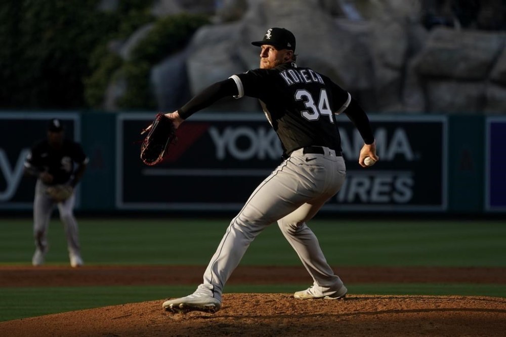 Chicago White Sox starting pitcher Michael Kopech throws to the plate during the second inning of a baseball game against the Los Angeles Angels Tuesday, June 27, 2023, in Anaheim, Calif. (AP Photo/Mark J. Terrill)