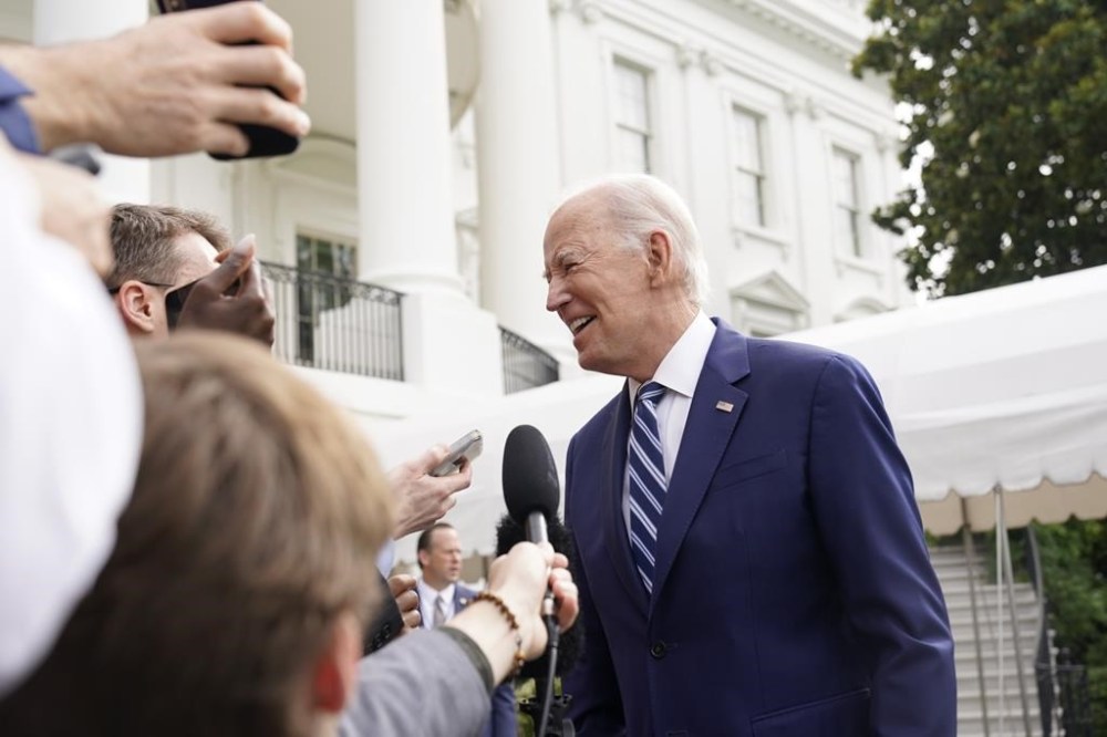 President Joe Biden speaks with members of the media before boarding Marine One on the South Lawn of the White House in Washington, Wednesday, June 28, 2023, for a short trip to Andrews Air Force Base, Md., and then on to Chicago. Biden has started using a continuous positive airway pressure, or CPAP, machine at night to help with sleep apnea, the White House said Wednesday after indents from the mask were visible on his face. (AP Photo/Andrew Harnik)