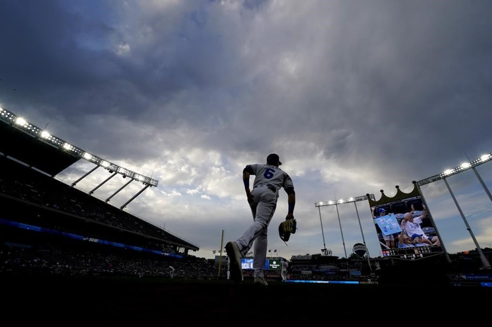 Kansas City Royals right fielder Drew Waters runs onto the field before the third inning of a baseball game against the Cleveland Guardians Tuesday, June 27, 2023, in Kansas City, Mo. (AP Photo/Charlie Riedel)