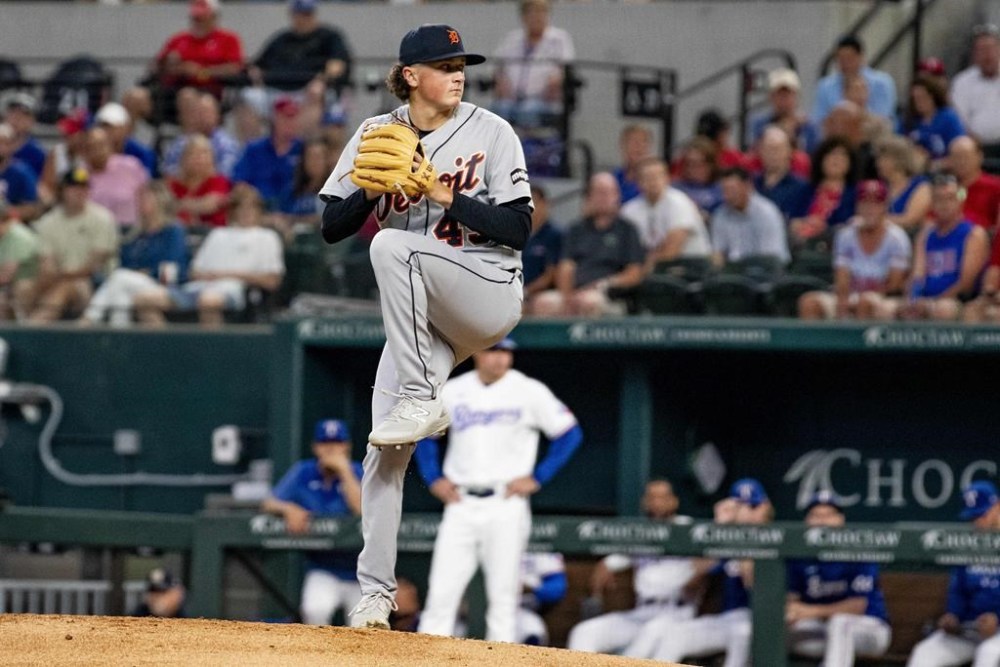 Detroit Tigers pitcher Reese Olson (45) delivers a pitch in the bottom of the second inning in a baseball game against the Texas Rangers in Arlington, Texas, Wednesday, June 29, 2023. (AP Photo/Emil T. Lippe)