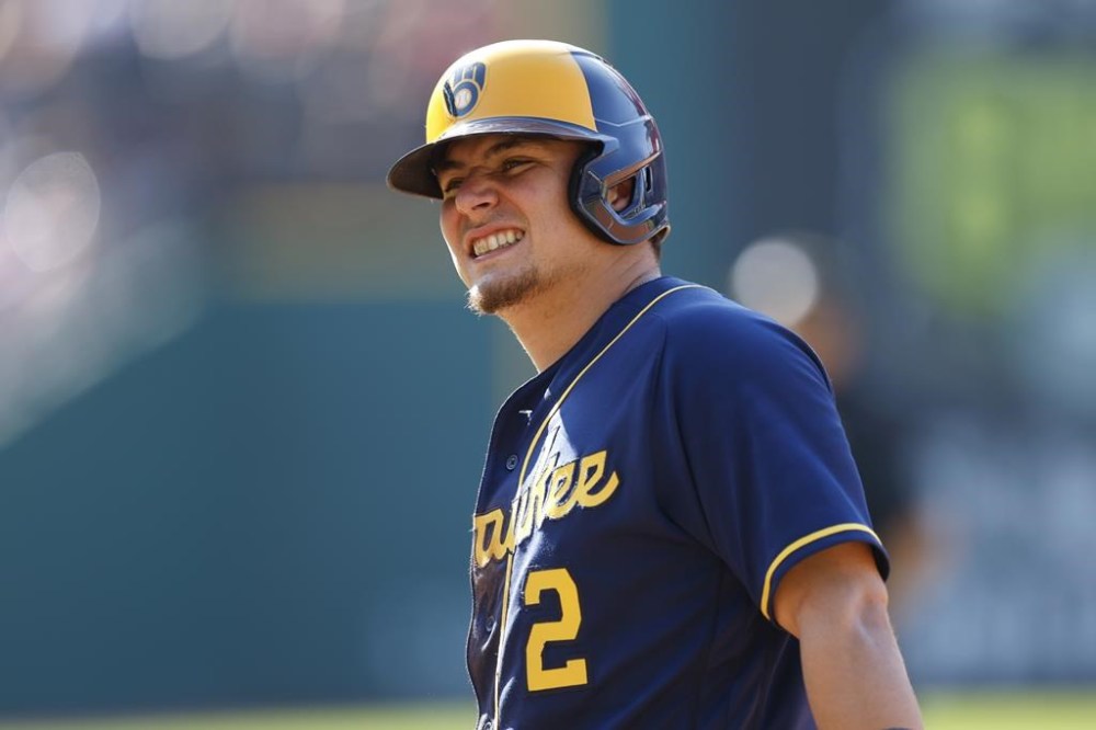 Milwaukee Brewers' Luis Urias reacts after getting picked off first base by Cleveland Guardians starting pitcher Tanner Bibee during the fifth inning of a baseball game, Saturday, June 24, 2023, in Cleveland. (AP Photo/Ron Schwane)