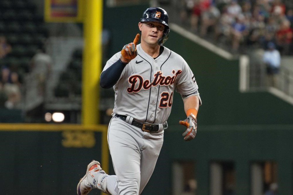 Detroit Tigers' Spencer Torkelson jogs around the bases after hitting a solo home run in the top of the fifth inning of a baseball game against the Texas Rangers in Arlington, Texas, Thursday, June 29, 2023. (AP Photo/Emil T. Lippe)