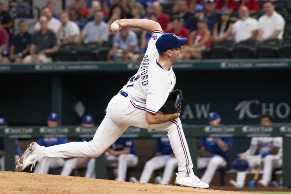 CORRECTS TO THURSDAY, NOT WEDNESDAY AS ORIGINALLY SENT - Texas Rangers pitcher Cody Bradford (61) delivers a pitch in the top of the second inning in a baseball game against the Detroit Tigers in Arlington, Texas, Thursday, June 29, 2023. (AP Photo/Emil T. Lippe)