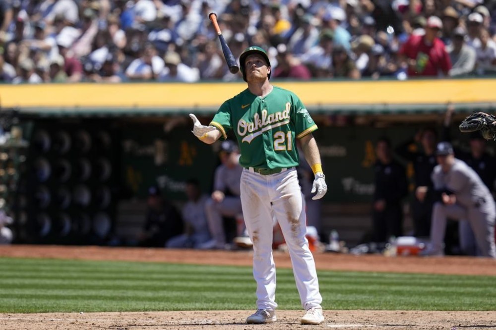 Oakland Athletics' Conner Capel reacts after being called out on strikes during the sixth inning of a baseball game against the New York Yankees in Oakland, Calif., Thursday, June 29, 2023. (AP Photo/Godofredo A. Vásquez)