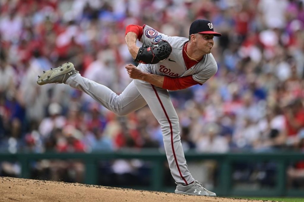 Washington Nationals starting pitcher MacKenzie Gore throws ball during the third inning of a baseball game, Saturday, July 1, 2023, in Philadelphia. (AP Photo/Derik Hamilton)