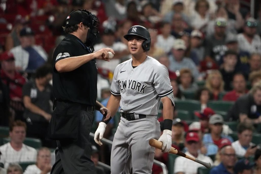 New York Yankees' Anthony Volpe, right, talks with home plate umpire Ryan Additon after being called out on strikes during the sixth inning in the second game of a baseball doubleheader Saturday, July 1, 2023, in St. Louis. (AP Photo/Jeff Roberson)