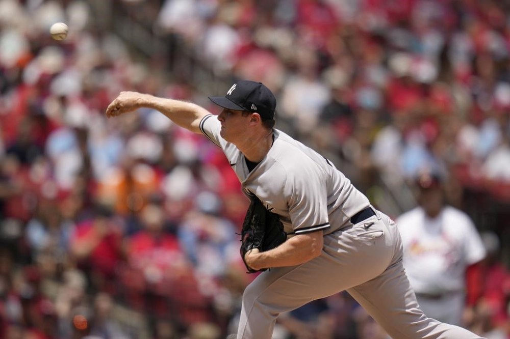 New York Yankees starting pitcher Gerrit Cole throws during the first inning of a baseball game against the St. Louis Cardinals Sunday, July 2, 2023, in St. Louis. (AP Photo/Jeff Roberson)