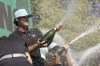 First-place team champions Torque GC, from left to right, captain Joaquín Niemann, Mito Pereira, Sebastián Muñoz and David Puig celebrate during the trophy ceremony of LIV Golf Andalucía at Real Club Valderrama, Sunday, July 2, 2023, in San Roque, Spain. (LIV Golf via AP)
