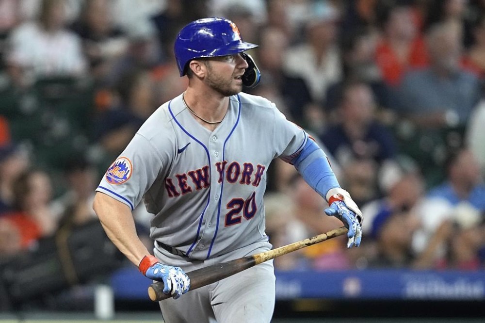 New York Mets' Pete Alonso watches his two-run home run against the Houston Astros during the sixth inning of a baseball game Wednesday, June 21, 2023, in Houston. (AP Photo/David J. Phillip)