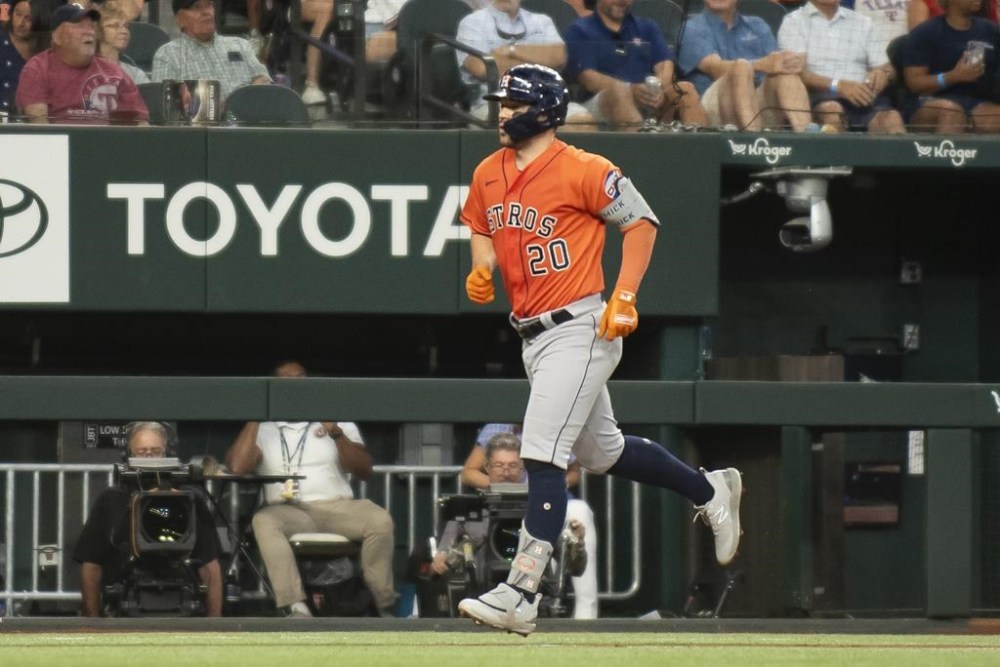 Houston Astros' Chas McCormick jogs around the bases after hitting a solo home run in the top of the second inning in a baseball game against the Texas Rangers in Arlington, Texas, Monday, July 3, 2023. (AP Photo/Emil T. Lippe)