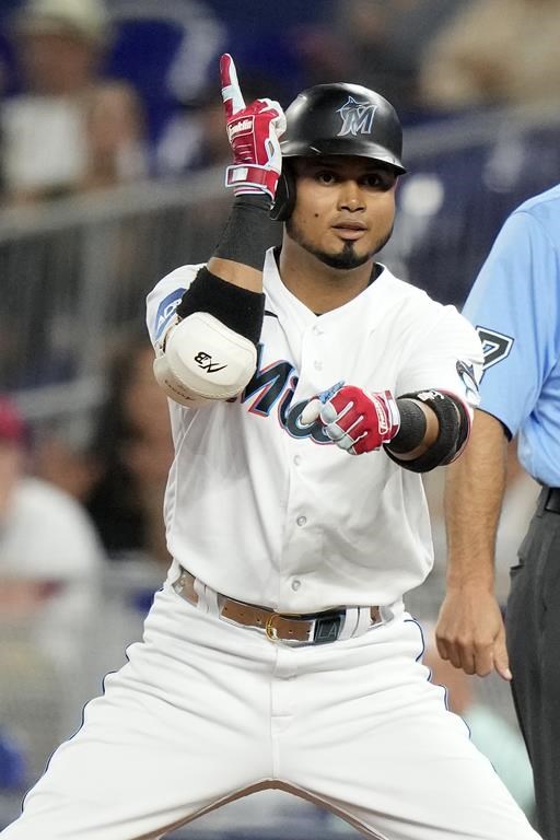 Miami Marlins' Luis Arraez reacts after hitting a single during the first inning of a baseball game against the St. Louis Cardinals, Monday, July 3, 2023, in Miami. (AP Photo/Lynne Sladky)