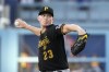 Pittsburgh Pirates starting pitcher Mitch Keller throws to the plate during the first inning of a baseball game against the Los Angeles Dodgers Monday, July 3, 2023, in Los Angeles. (AP Photo/Mark J. Terrill)