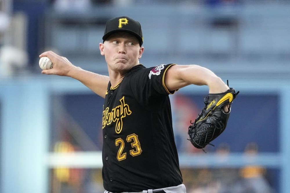 Pittsburgh Pirates starting pitcher Mitch Keller throws to the plate during the first inning of a baseball game against the Los Angeles Dodgers Monday, July 3, 2023, in Los Angeles. (AP Photo/Mark J. Terrill)