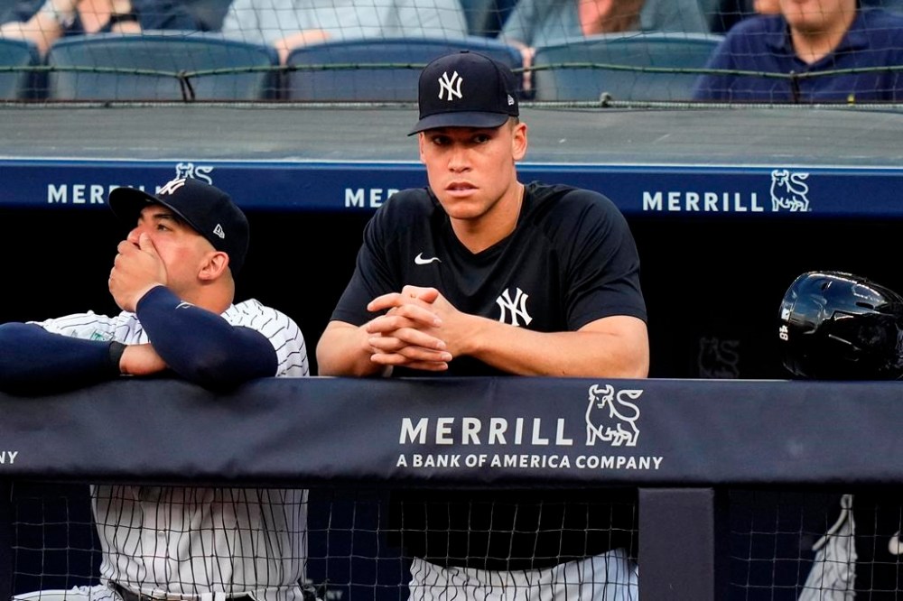 New York Yankees' Aaron Judge watches during the first inning of a baseball game against the Baltimore Orioles, Monday, July 3, 2023, in New York. (AP Photo/Frank Franklin II)