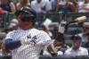 New York Yankees' Gleyber Torres watches his two run homer in the first inning of a baseball game against the Baltimore Orioles, Tuesday, July 4, 2023, in New York. (AP Photo/Bebeto Matthews)