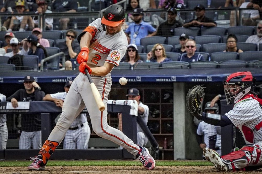Baltimore Orioles Gunnar Henderson swings for a strike in the ninth inning of a baseball game against the New York Yankees, Tuesday, July 4, 2023, in New York. (AP Photo/Bebeto Matthews)
