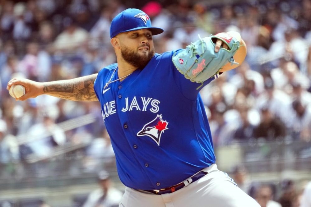 Toronto Blue Jays pitcher Alek Manoah delivers against the New York Yankees in the first inning of a baseball game, Saturday, April 22, 2023, in New York. Toronto pitcher Alek Manoah is set to return from a conditioning stint and start for the Blue Jays on Friday.THE CANADIAN PRESS/AP, Mary Altaffer