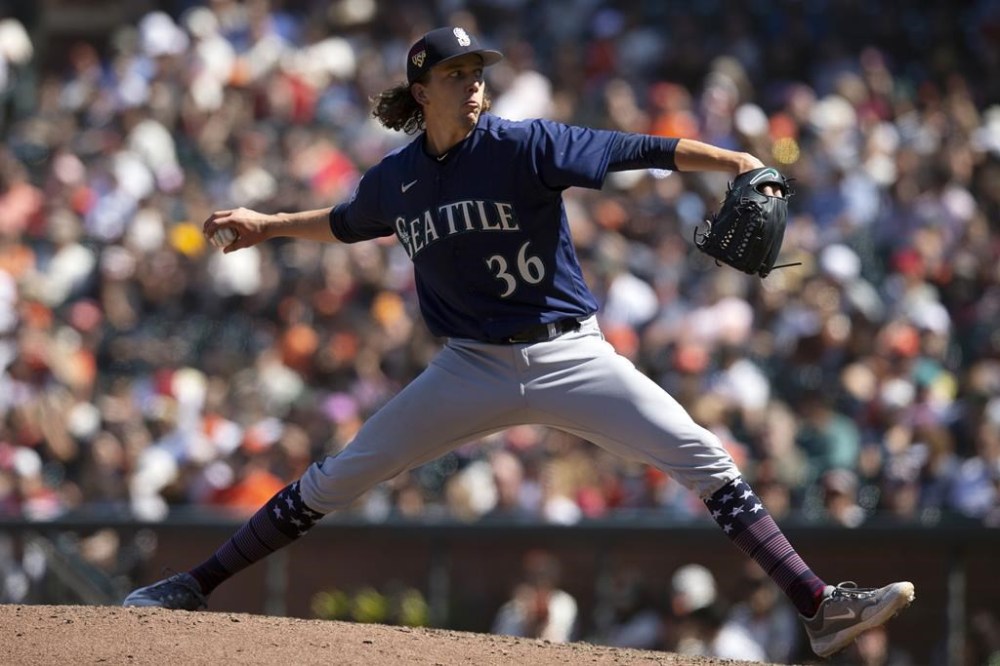 Seattle Mariners starting pitcher Logan Gilbert delivers against the San Francisco Giants during the ninth inning of a baseball game Tuesday, July 4, 2023, in San Francisco. (AP Photo/D. Ross Cameron)