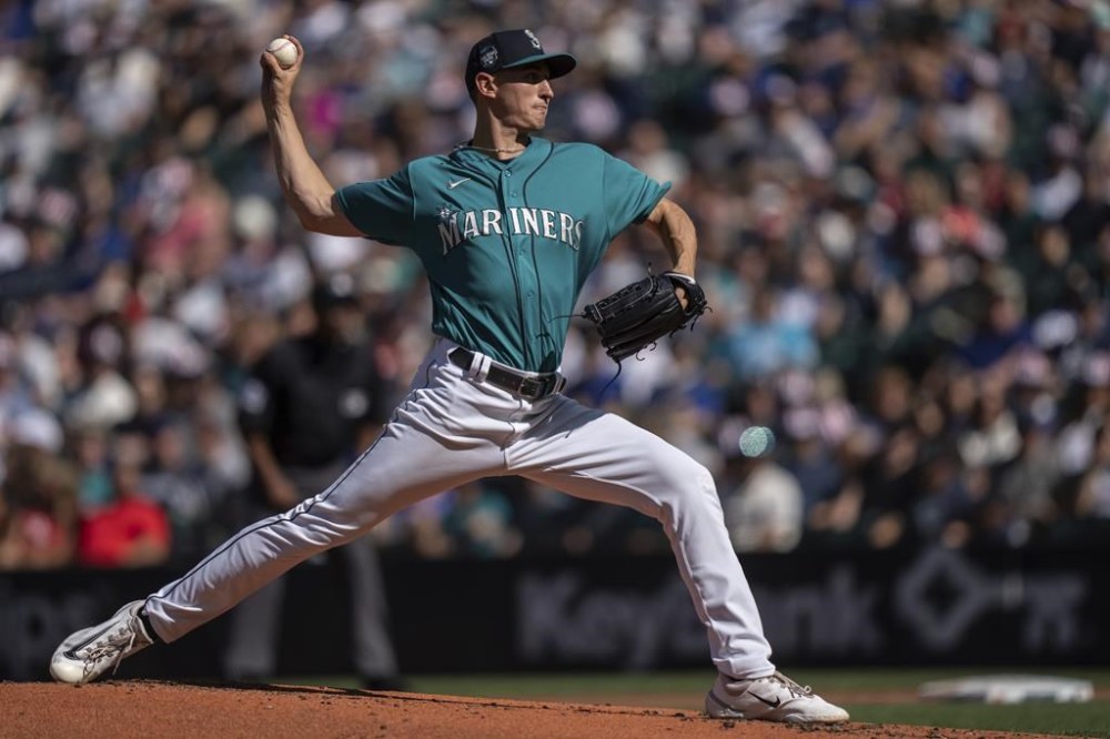 Seattle Mariners starter George Kirby delivers a pitch during the second inning of a baseball game against the Tampa Bay Rays, Saturday, July 1, 2023, in Seattle. (AP Photo/Stephen Brashear)