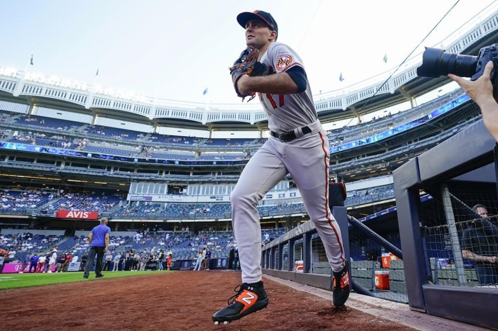 Baltimore Orioles' Colton Cowser takes the field before the team's baseball game against the New York Yankees, Wednesday, July 5, 2023, in New York. (AP Photo/Frank Franklin II)