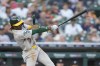 Oakland Athletics' Esteury Ruiz connects for a two RBI single during the sixth inning of a baseball game against the Detroit Tigers, Wednesday, July 5, 2023, in Detroit. (AP Photo/Carlos Osorio)