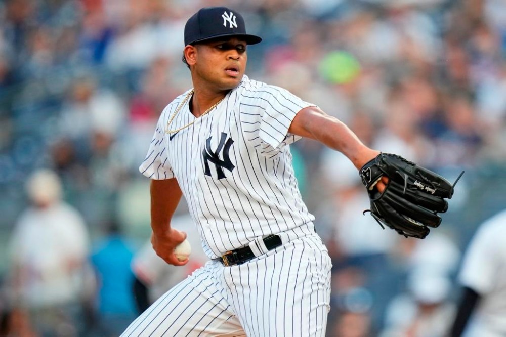 New York Yankees' Randy Vasquez winds up during the first inning of the team's baseball game against the Baltimore Orioles on Wednesday, July 5, 2023, in New York. (AP Photo/Frank Franklin II)