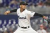 Miami Marlins starting pitcher Eury Perez (39) aims a pitch during the first inning of a baseball game against the St. Louis Cardinals, Thursday, July 6, 2023, in Miami. (AP Photo/Marta Lavandier)