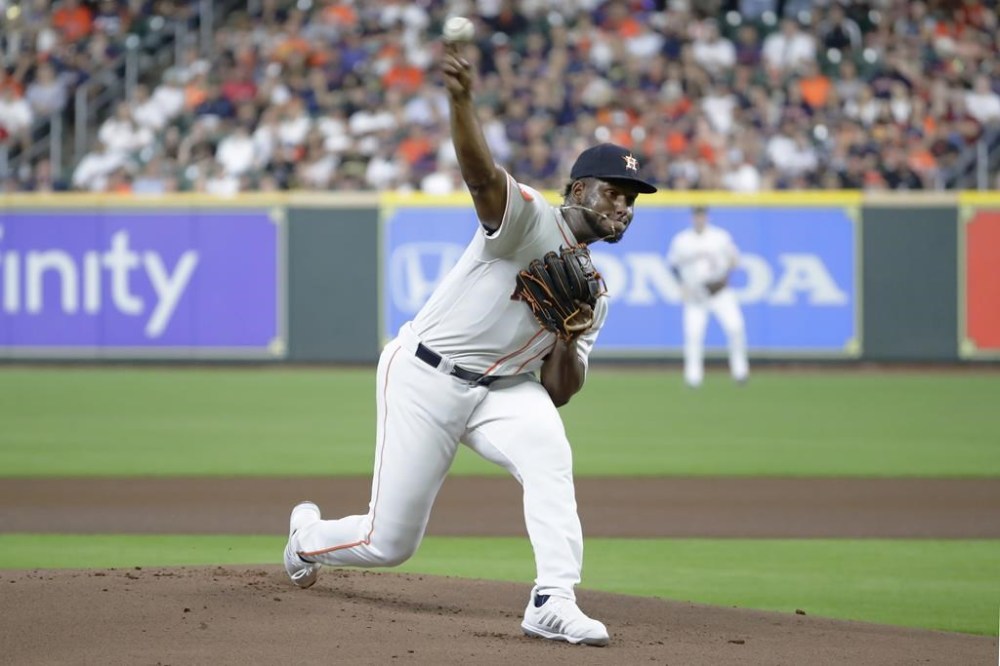 Houston Astros starting pitcher Ronel Blanco throws against the Seattle Mariners during the first inning of a baseball game Thursday, July 6, 2023, in Houston. (AP Photo/Michael Wyke)