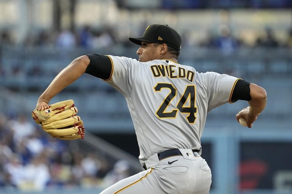 Pittsburgh Pirates starting pitcher Johan Oviedo throws to the plate during the first inning of a baseball game against the Los Angeles Dodgers Thursday, July 6, 2023, in Los Angeles. (AP Photo/Mark J. Terrill)