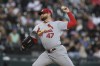 St. Louis Cardinals starter Jordan Montgomery delivers a pitch during the first inning of the team's baseball game against the Chicago White Sox on Friday, July 7, 2023, in Chicago. (AP Photo/Paul Beaty)