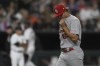 St. Louis Cardinals relief pitcher Kyle Leahy reacts after being pulled from a baseball game during the seventh inning against the Chicago White Sox, Friday, July 7, 2023, in Chicago. (AP Photo/Paul Beaty)
