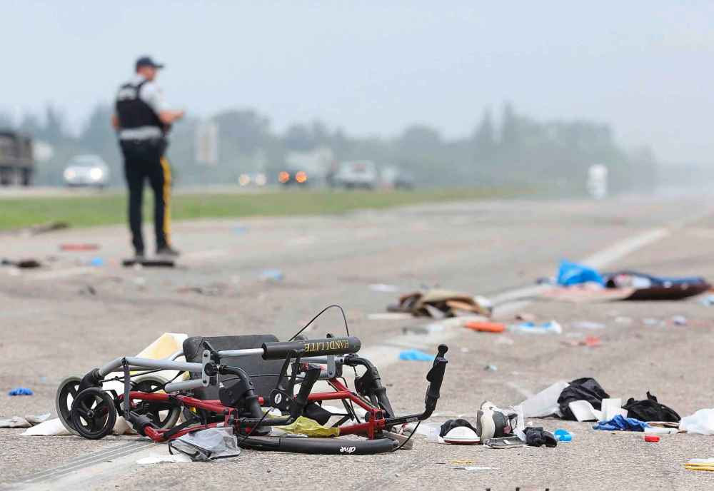 A walker lies on the ground at the scene. Most of the passengers on the bus were seniors from the Dauphin area heading on an excursion to a casino near Carberry. (Matt Goerzen / The Brandon Sun)