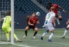JOHN WOODS / WINNIPEG FREE PRESS
Valour FC’s Siaj Romero (32) looks on as Pacifique Niyongabire (24) misses the goal as he heads the ball wide against York United FC’s goalkeeper Nikolaos Giantsopoulos (1) during first half Canadian Premier League action in Winnipeg Sunday, June 4, 2023.
 
Reporter: ?