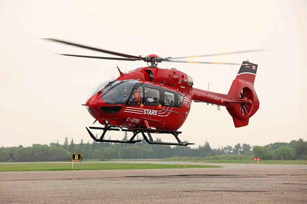 A STARS Air Ambulance takes flight from the Brandon Municipal Airport to transport a victim of the Trans Canada Highway mass casualty collision at Carberry to the Health Sciences Centre in Winnipeg. (Tim Smith / The Brandon Sun)