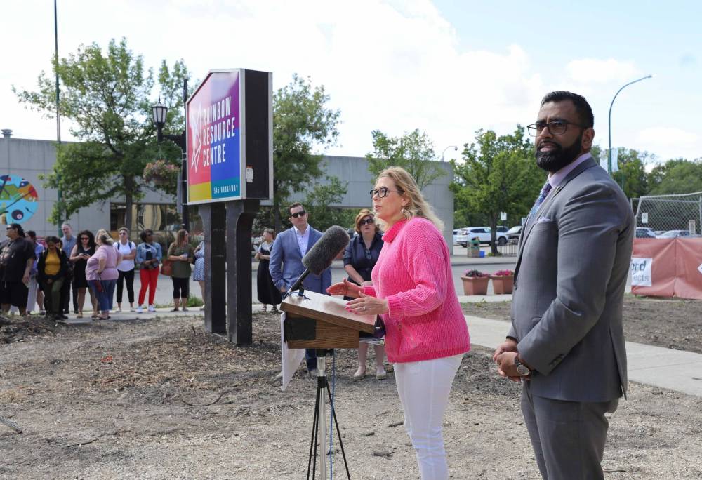 RUTH BONNEVILLE / WINNIPEG FREE PRESS
Families Minister Rochelle Squires, along with Sport Minister Obby Khan announced the government funding for a subsidized housing and queer-inclusive community space on Monday.