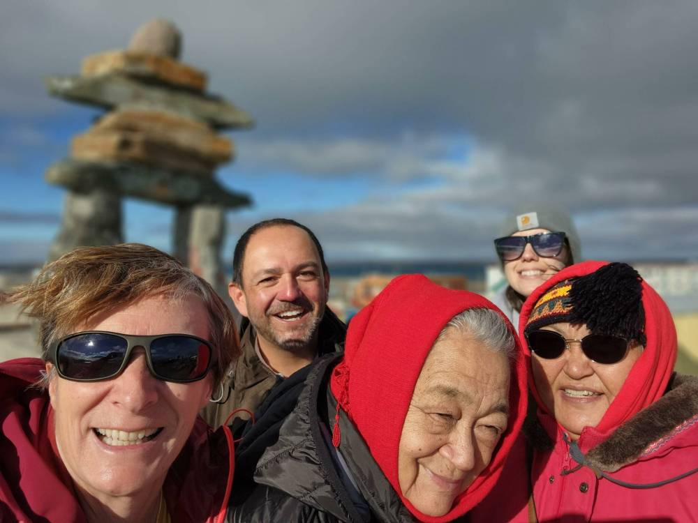 SUPPLIED
The research team — in front of an inuksuk in Rankin Inlet — includes (from left) Josée Lavoie, Nathan Nickel, Elder Nuqalaaq Brown, Adriana Mudryj and Elder Tagaak Evaluardjuk-Palmer.