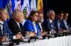 Heather Stefanson, third from left, at the closing news conference at the Council of the Federation Canadian premiers meeting at The Fort Garry Hotel on Wednesday. (The Canadian Press)