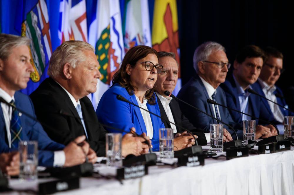Heather Stefanson, third from left, at the closing news conference at the Council of the Federation Canadian premiers meeting at The Fort Garry Hotel on Wednesday. (The Canadian Press)